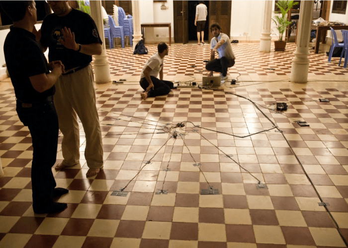 The Flying Circus Project (2010) in Phnom Penh and Siem Reap, Cambodia Sound artist Tarek Atoui (Lebanon) installing touch sensors for Cambodian classical dancers